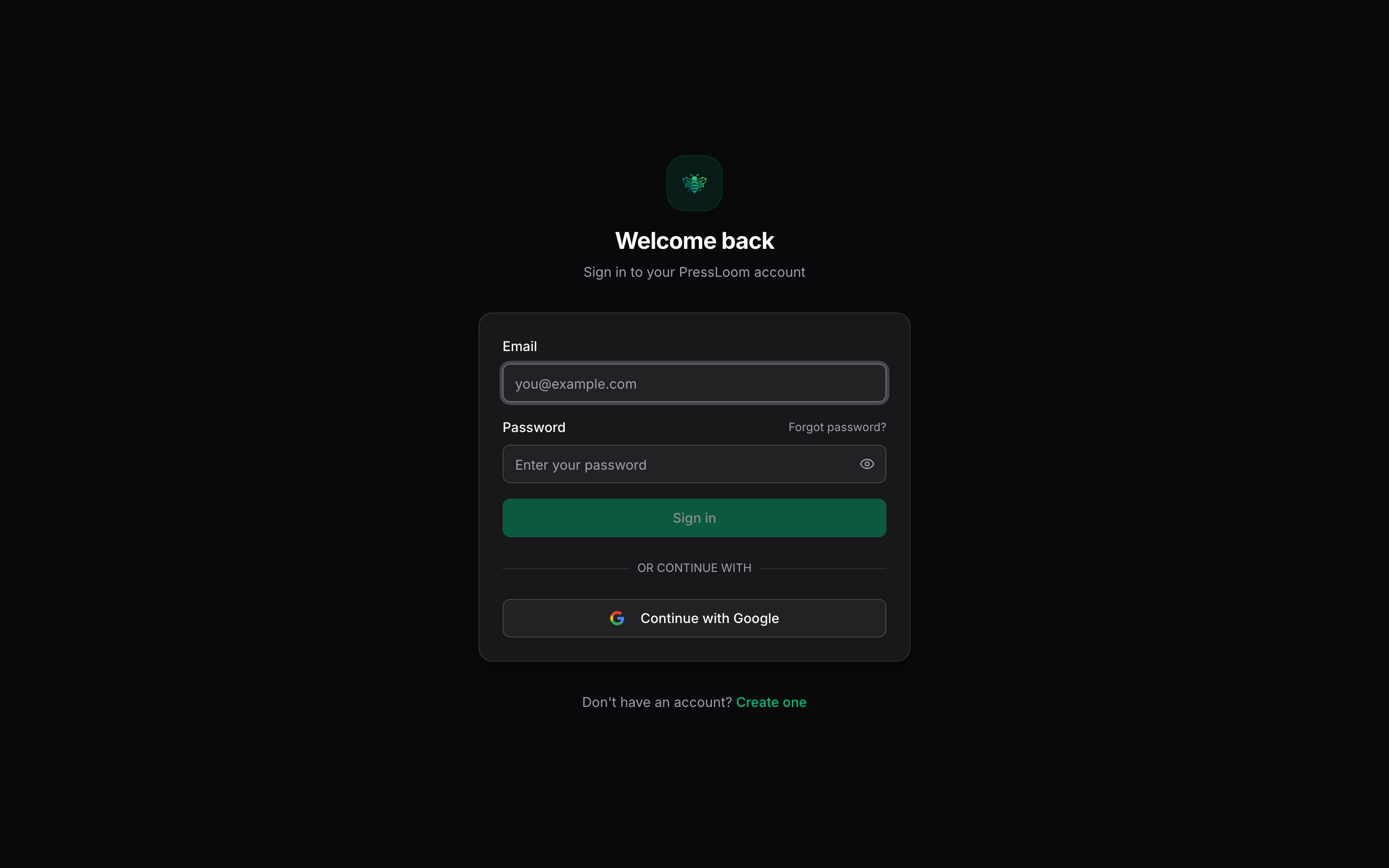 The PressLoom sign-in page with Email and Password fields and a green Sign in button