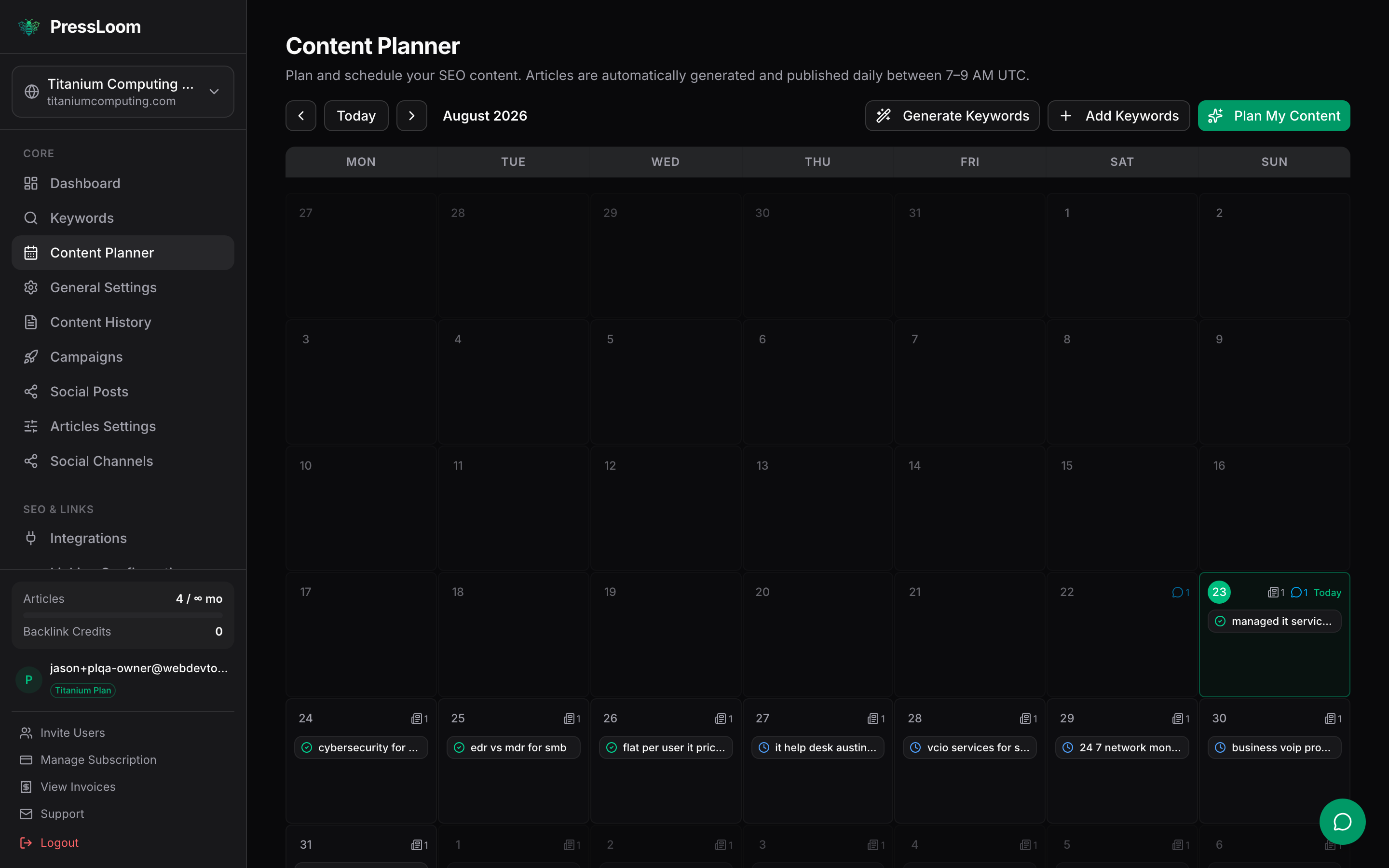 The PressLoom Content Planner showing a month grid with one keyword card on each day, some with a green check and some with a blue clock