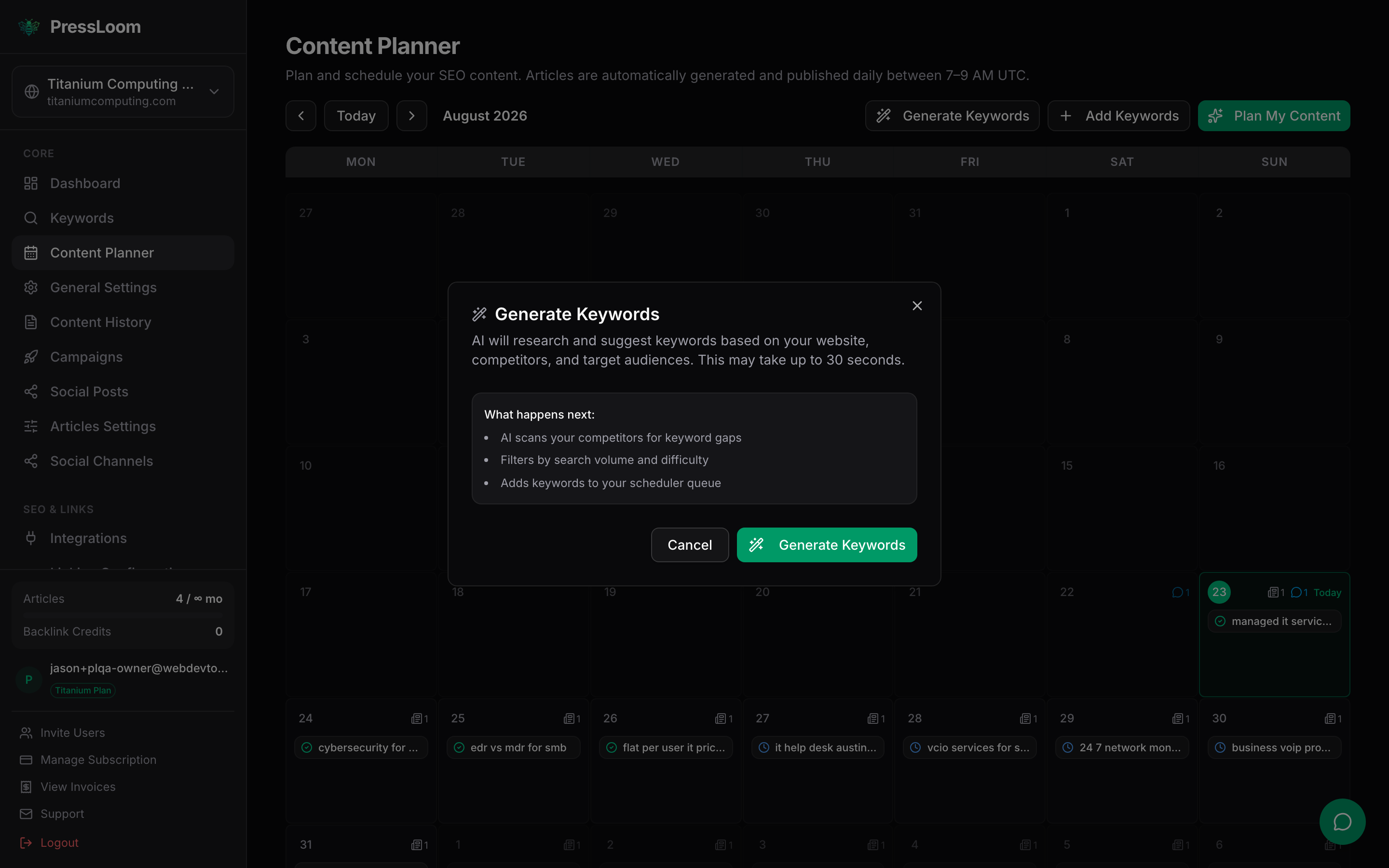 The Generate Keywords dialog explaining that AI will research and suggest keywords