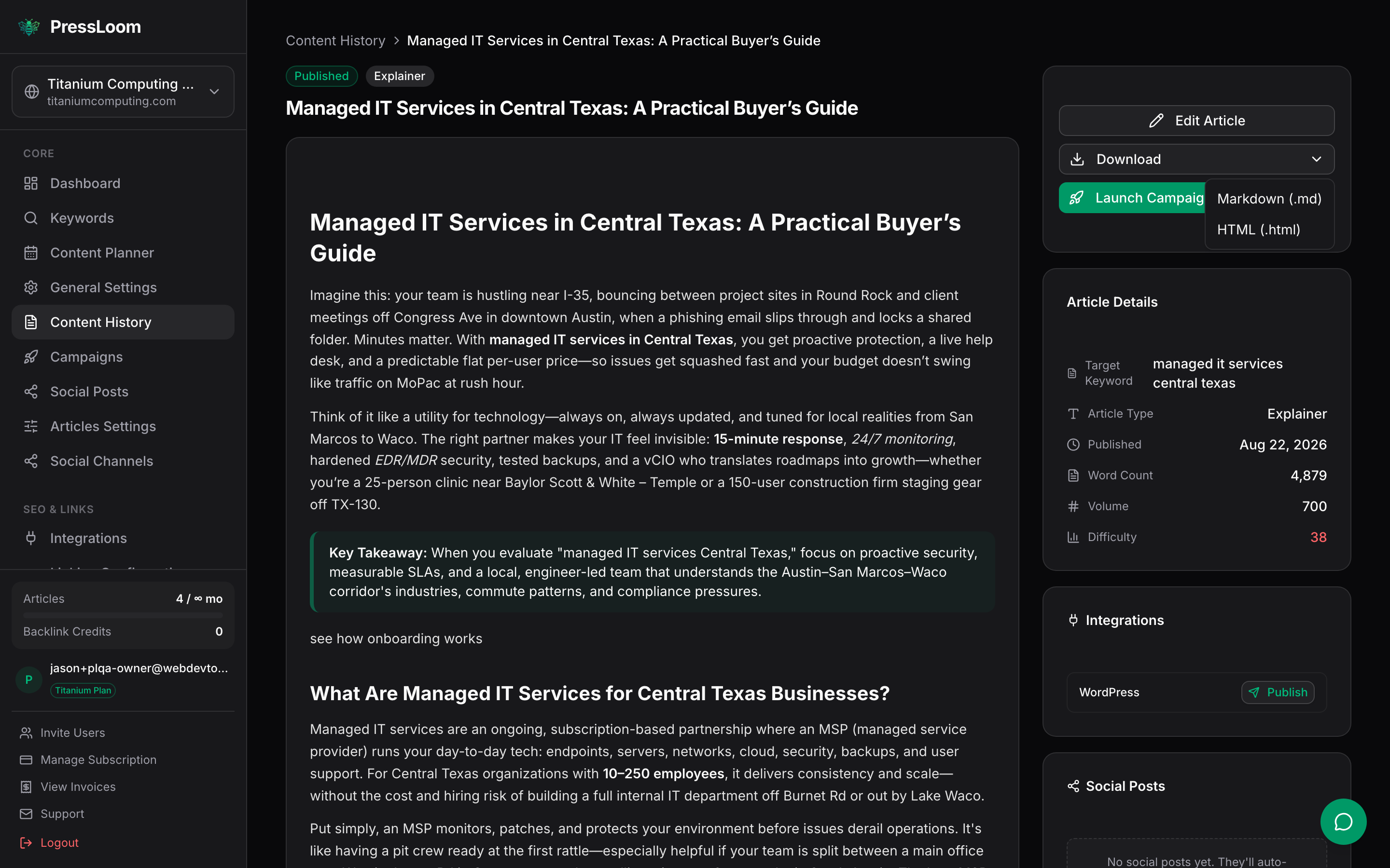 The Download menu open, showing Markdown and HTML options