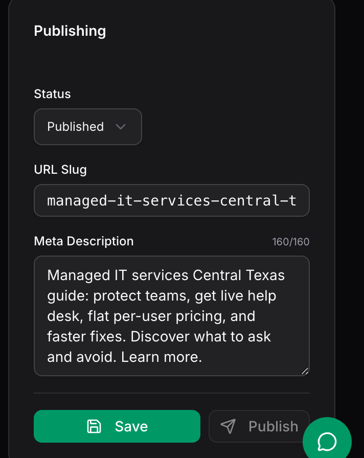 The Publishing card with a status dropdown, URL slug field, meta description with character counter, and Save and Publish buttons