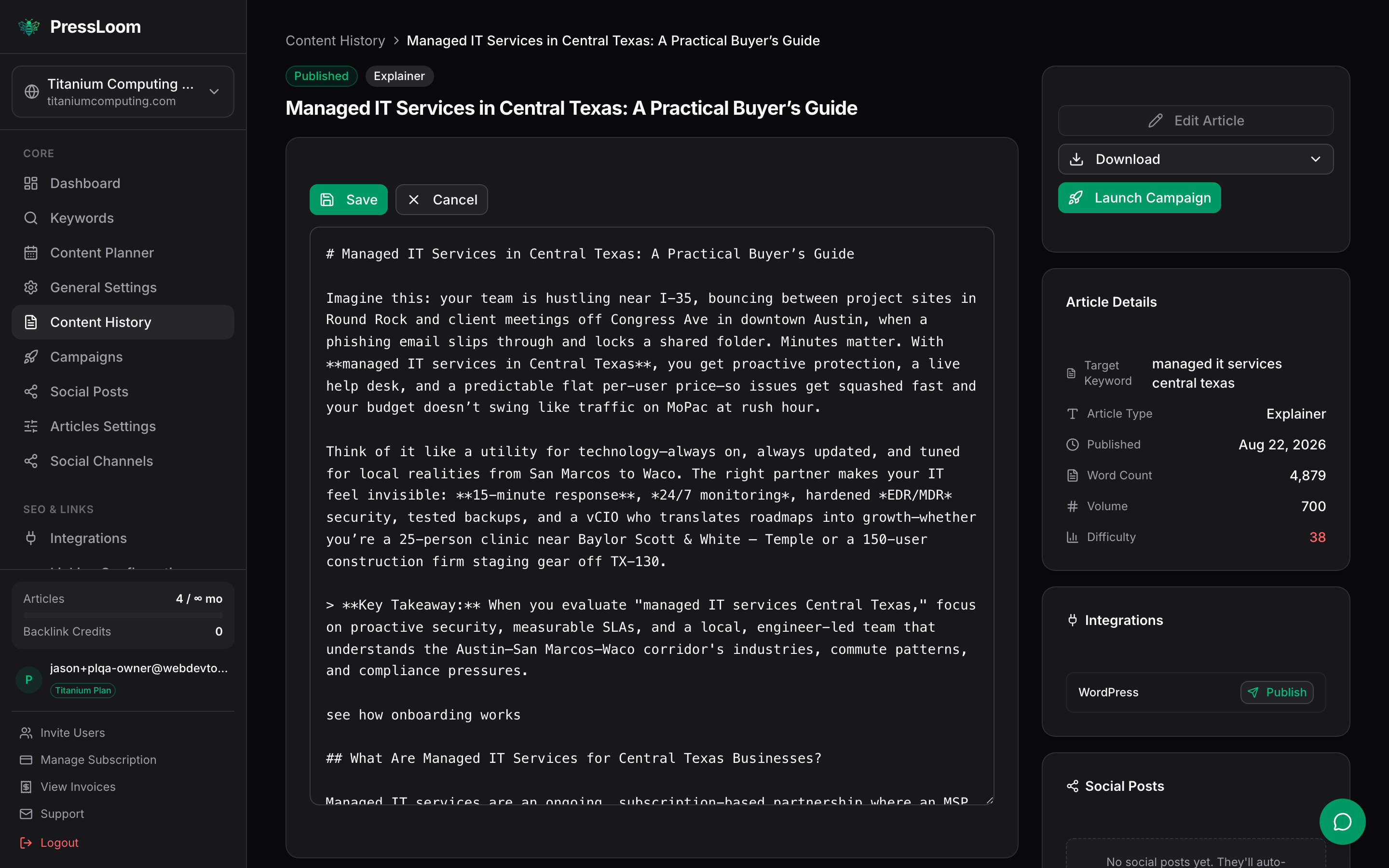 The article page with the built-in editor open, showing the raw article source in a text box
