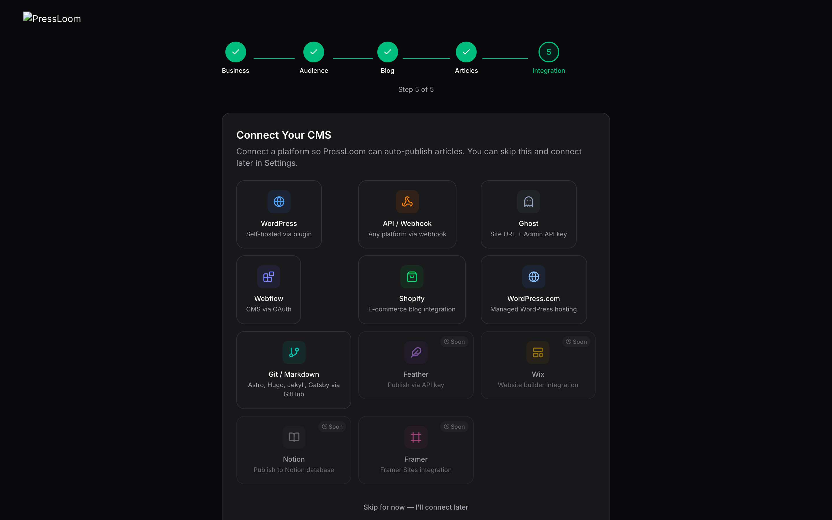 Step 5 of the onboarding wizard, Connect Your CMS, showing a grid of platform tiles