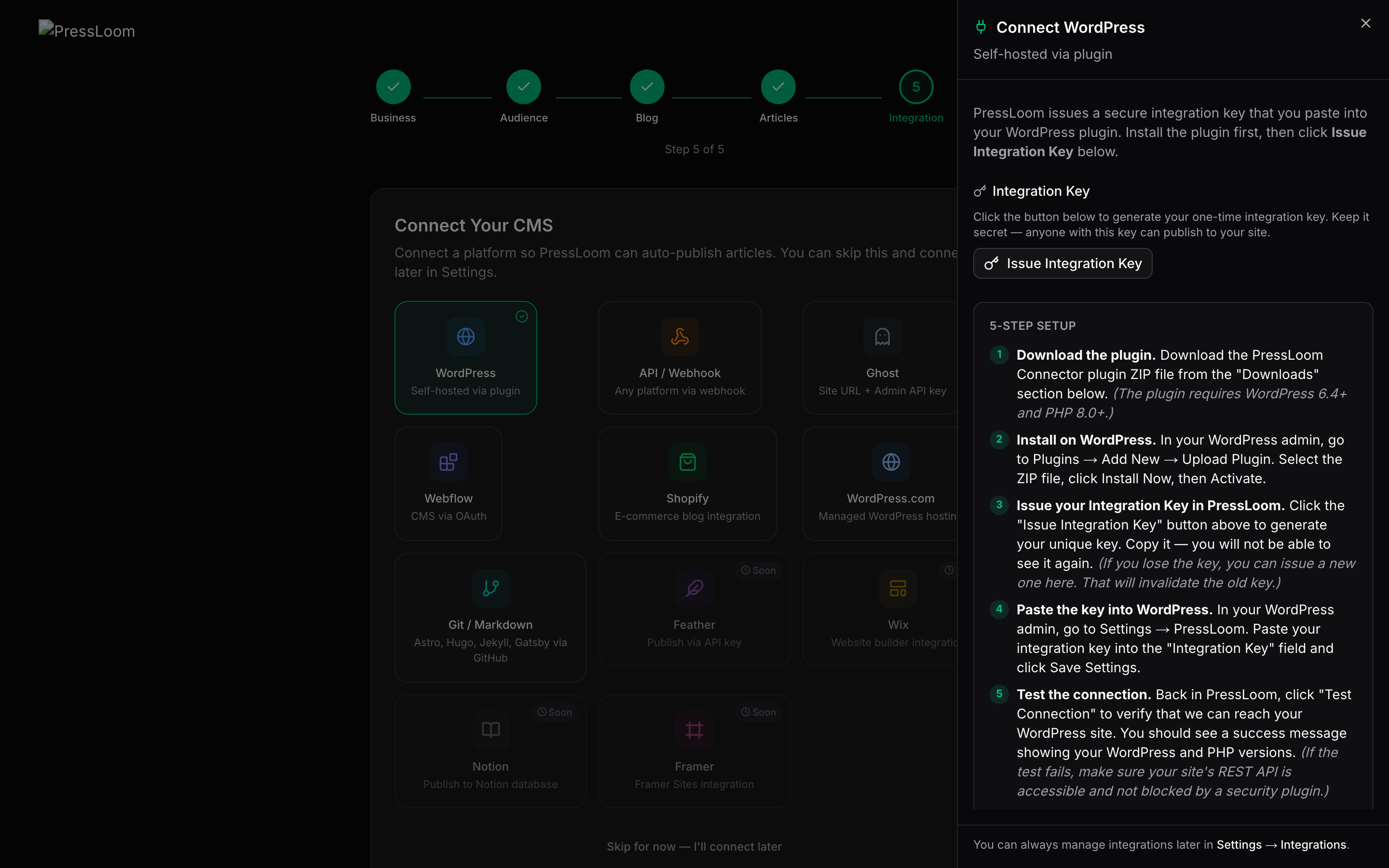 The Connect WordPress panel in PressLoom with an Issue Integration Key button and a five step setup list