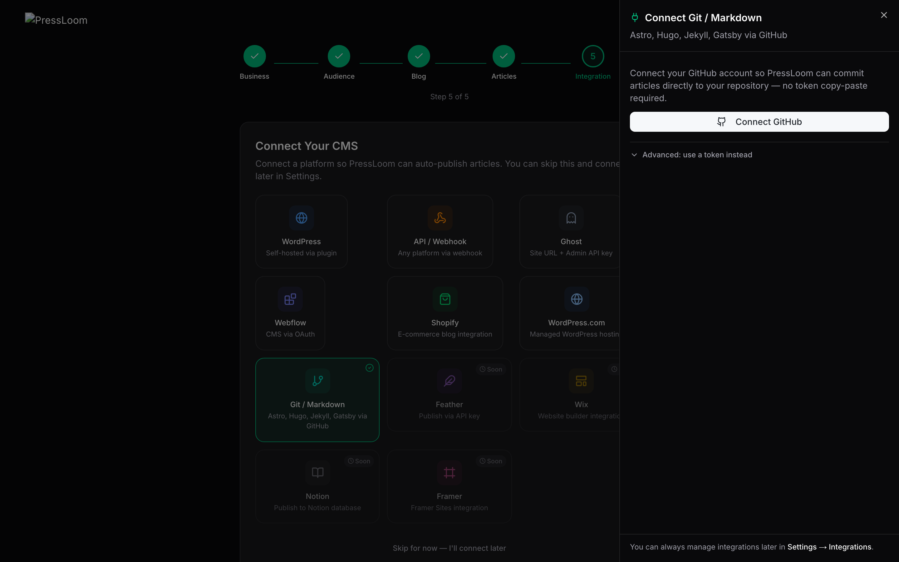The Connect Git and Markdown panel with a Connect GitHub button and a collapsed advanced token section