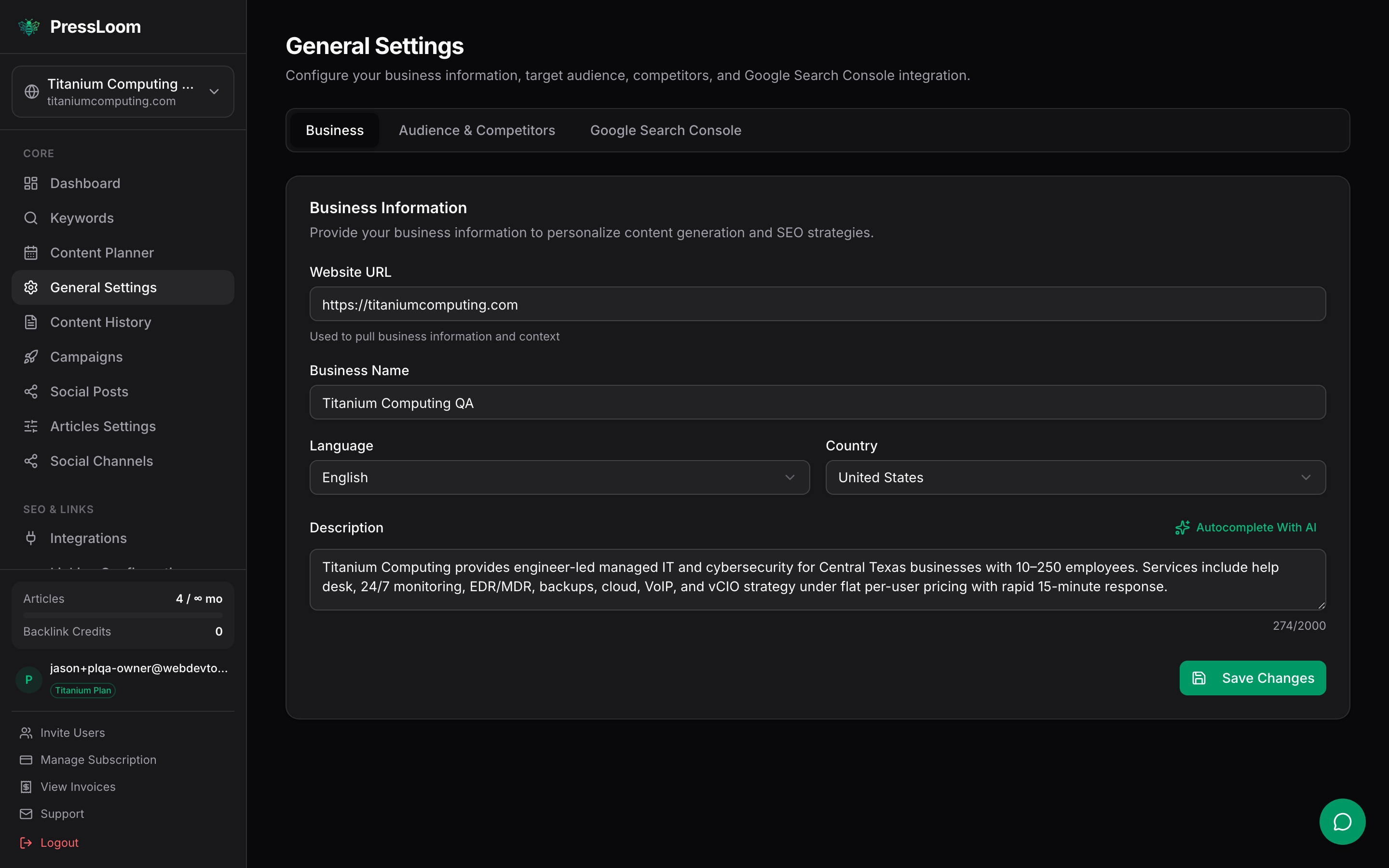 The Business tab of General Settings with website, business name, language, country and description