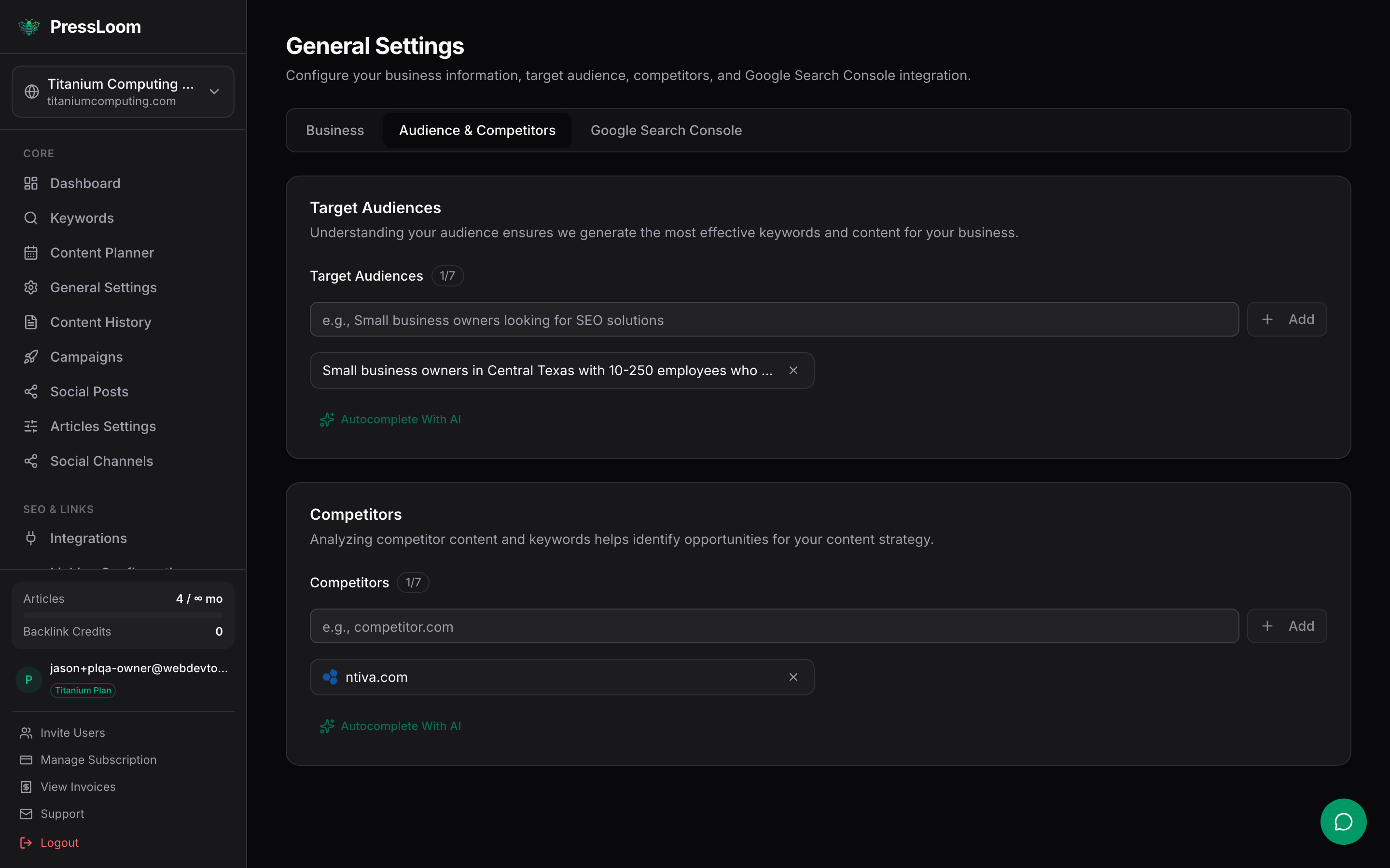 The Audience and Competitors tab, showing a saved target audience and one competitor domain