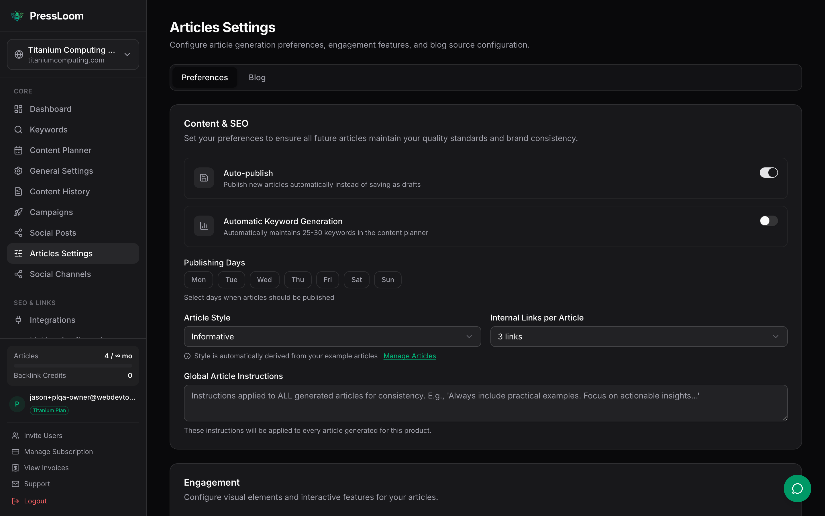 The Content and SEO card with the auto-publish toggle, keyword generation toggle, publishing days, article style, internal links and global instructions